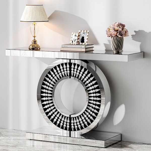 BYBLIGHT Turrella 43 in. Modern Sliver Rectangle Glass Console Table, Sofa Table with Crystal Inlays Base and Mirror Finish