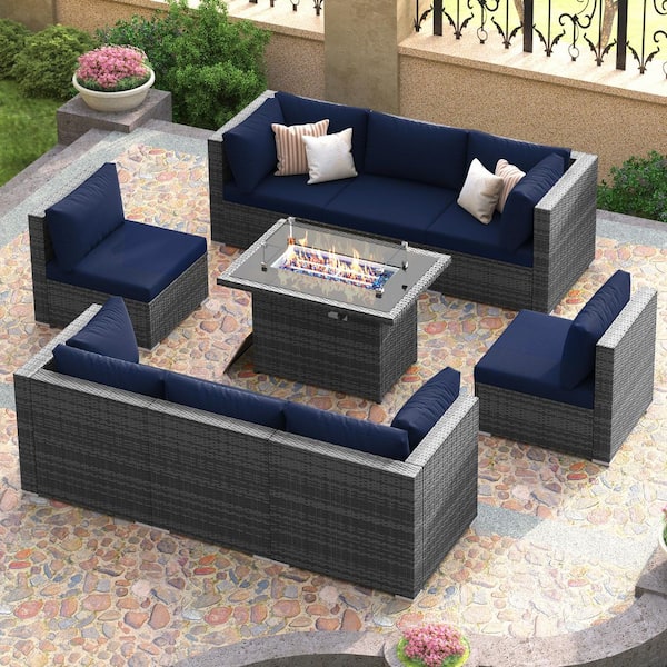 Luxury 9-Piece Charcoal Wicker Patio Fire Pit Conversation Sectional Deep Seating Sofa Set with Navy Blue Cushions