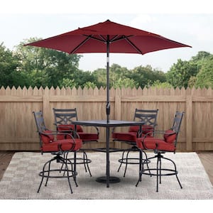 Montclair 5-Piece Steel Outdoor Dining Set with Chili Red Cushions, 4 Swivel Chairs, 33 in. Table and Umbrella