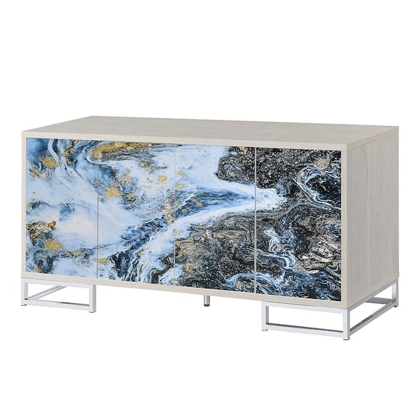 Acme Furniture Liam Blue Marble Print and Chrome Finish Metal 15.75 in. Buffet