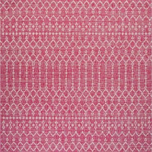 Ourika Moroccan Geometric Textured Weave Fuchsia/Light Gray 5 ft. Square Indoor/Outdoor Area Rug