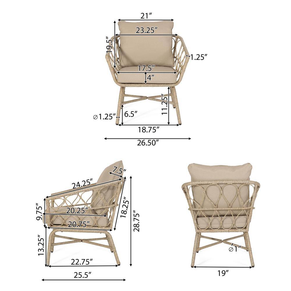 Beige Wicker and Iron Armchair Set with Cushions