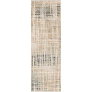 Washable Decor Beige Blue 2 ft. x 6 ft. Abstract Contemporary Runner Area Rug