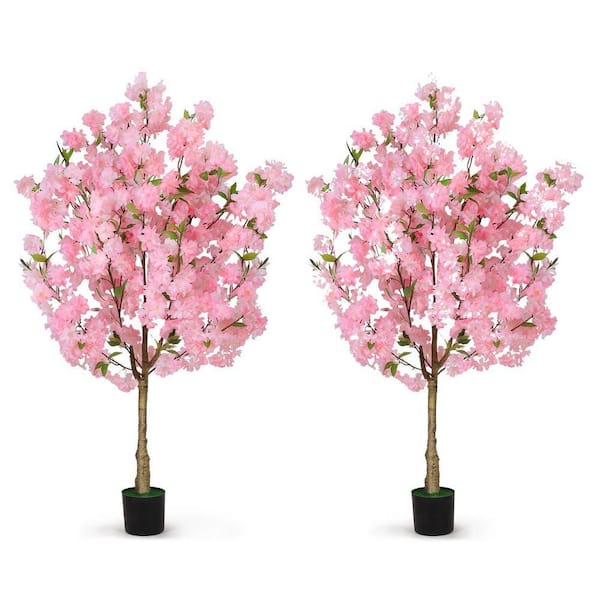 2 Pack 4 ft. Artificial Cherry Blossom Tree in Black Pot-Faux Pink