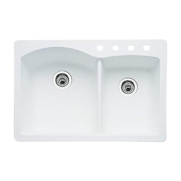 Blanco Diamond Granite 33 in. 4-Hole 60/40 Double Bowl Dual-Mount Kitchen Sink in White