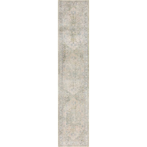 Nourison Astra Machine Washable Blue Green 2 ft. x 10 ft. Center medallion Traditional Runner Area Rug