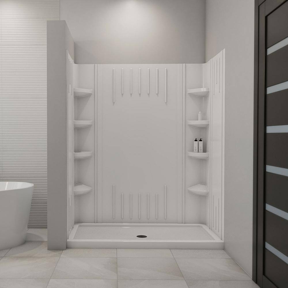 White Acrylic Alcove Shower Kit with Shelves and Center Drain