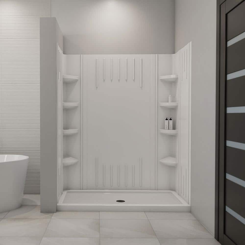 White Acrylic Alcove Shower Kit with Shelves and Center Drain