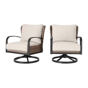 Hazelhurst Brown Wicker Outdoor Patio Swivel Lounge Chair with CushionGuard Almond Tan Cushions (2-Pack)