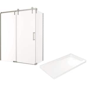 Industrial 60 in. L x 32 in. W x 76 in. H Corner Shower Kit with Sliding Frameless Shower Door and Shower Pan