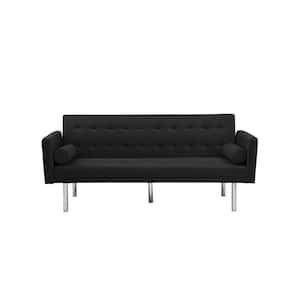 68.5 in. W Twin Size Black Tight Back Velvet Straight Convertible Sofa Bed with Square Armrest and Cylinder Pillows