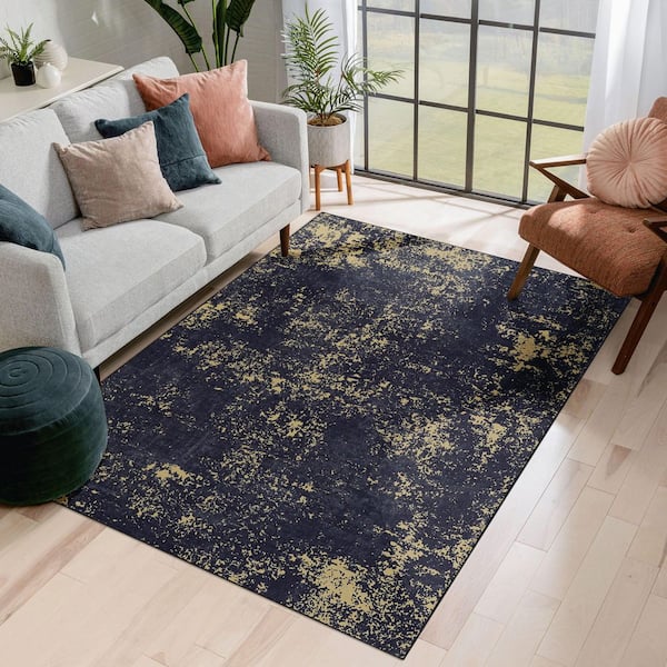 9 ft. x 12 ft. Black Gold Abstract Washable for Bedroom, Dining Room, Living Room Area Rug