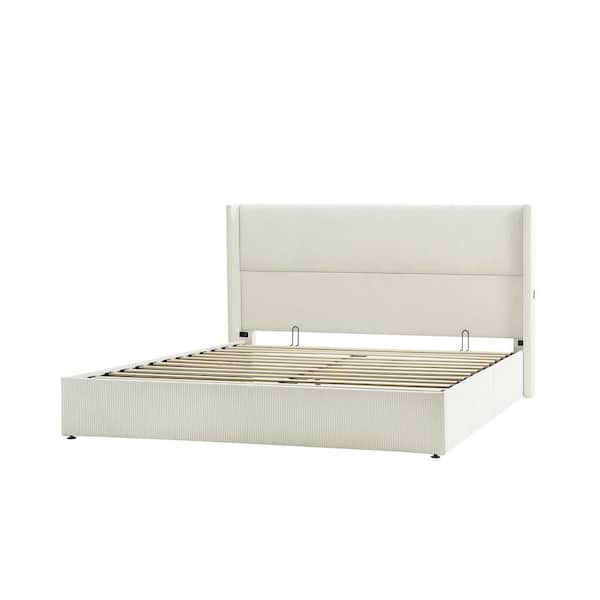 JAYDEN CREATION Genoveva Cream Wooden Queen Platform Bed with USB Charging Ports and Storage
