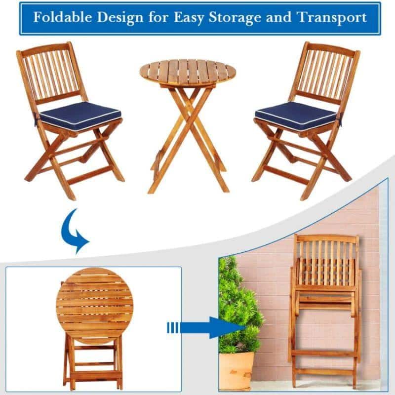 3-Piece Folding Acacia Wood Patio Bistro Set with Navy Cushions