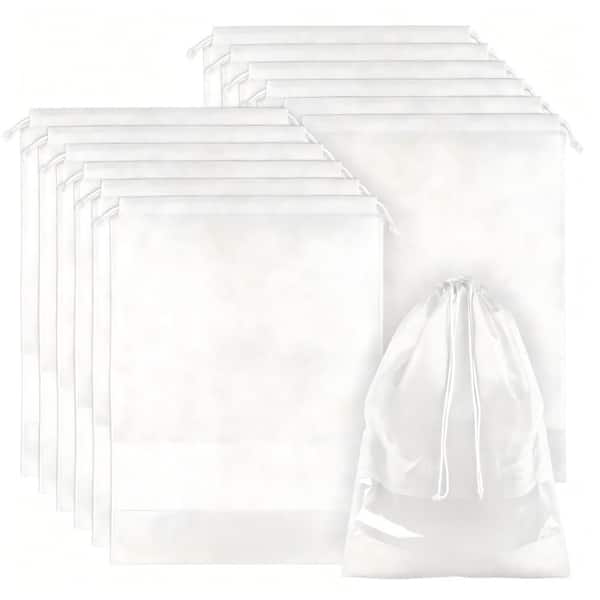 White Breathable Shoe Bags w/ Clear Window, 12-Pack Large Drawstring Travel Luggage Organizers for Shoes and Accessories
