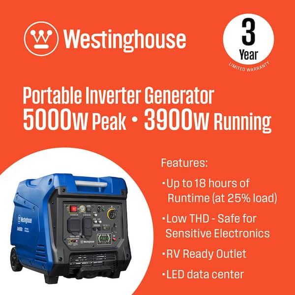 5,000-Watt Gas Powered Portable Inverter Generator with Remote Electric Start, LED Data Center