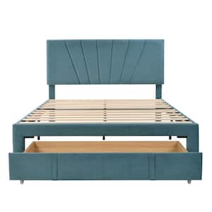 62.2 in. Width Blue Queen Size Wood Velvet Upholstered Platform Bed with a Big Drawer and Tufted Headboard