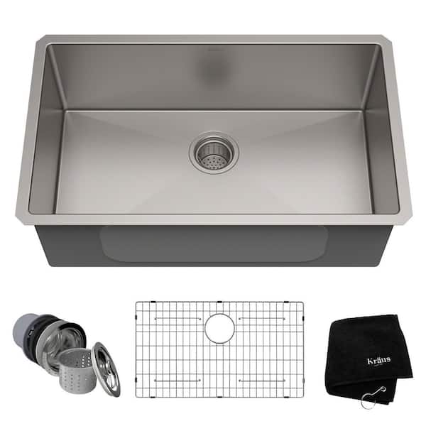 KRAUS Standart PRO 30 in. Undermount Single Bowl 16 Gauge Stainless Steel Kitchen Sink with Accessories