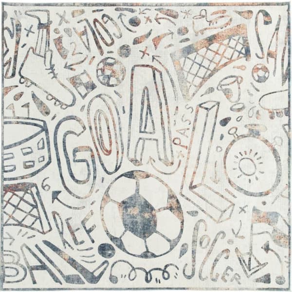 Sportsglyphs 6 ft. x 6 ft. Chalk/Multi-Colored Abstract Washable Area Rug