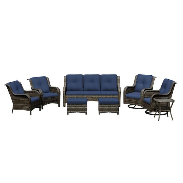 8-Piece Wicker Outdoor Patio Conversation Set with Blue Cushions and Swivel Rocking Chairs