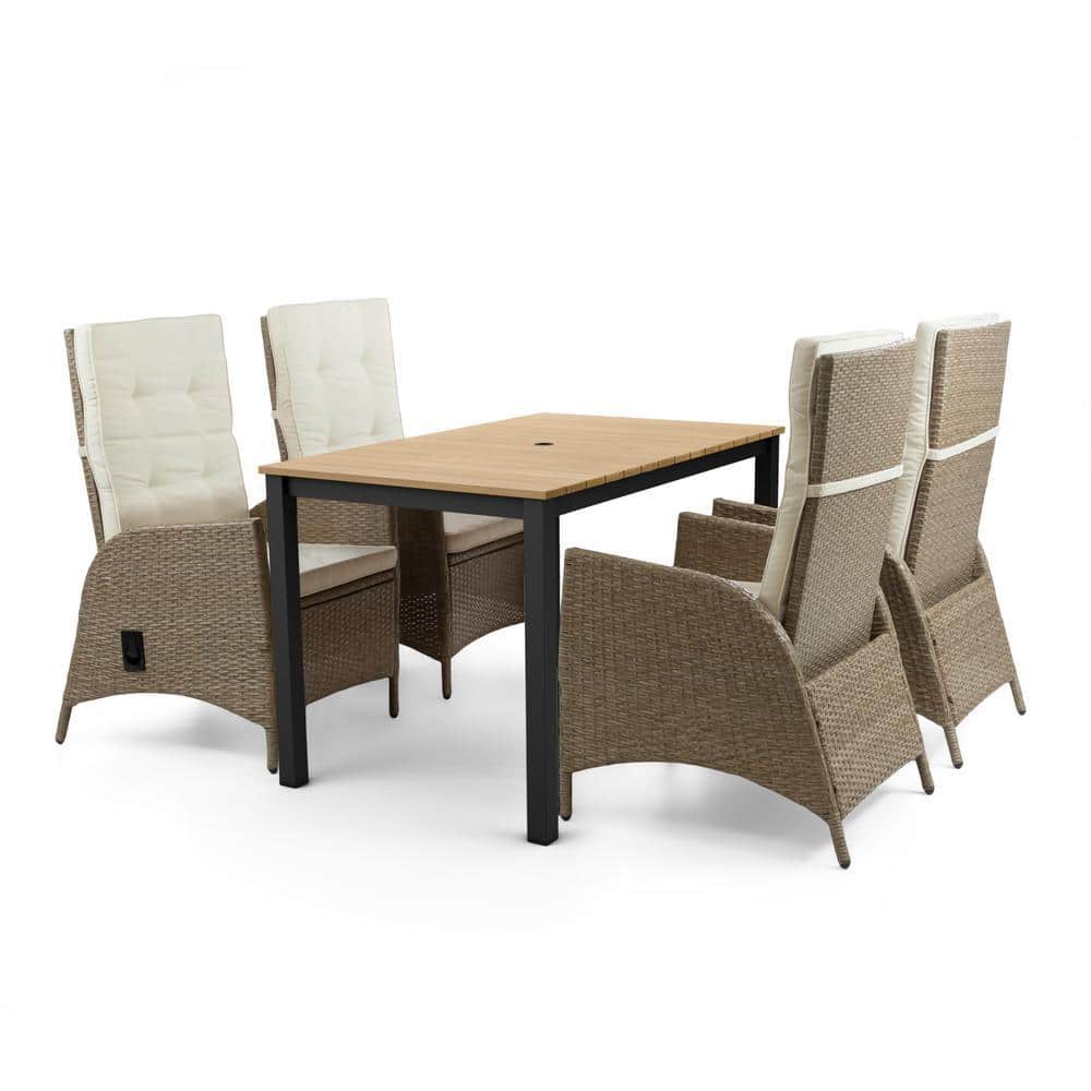 Mackay 5-Piece Metal and Teak Rectangle Outdoor Dining Set with Beige Cushion Set and Reclining Chairs