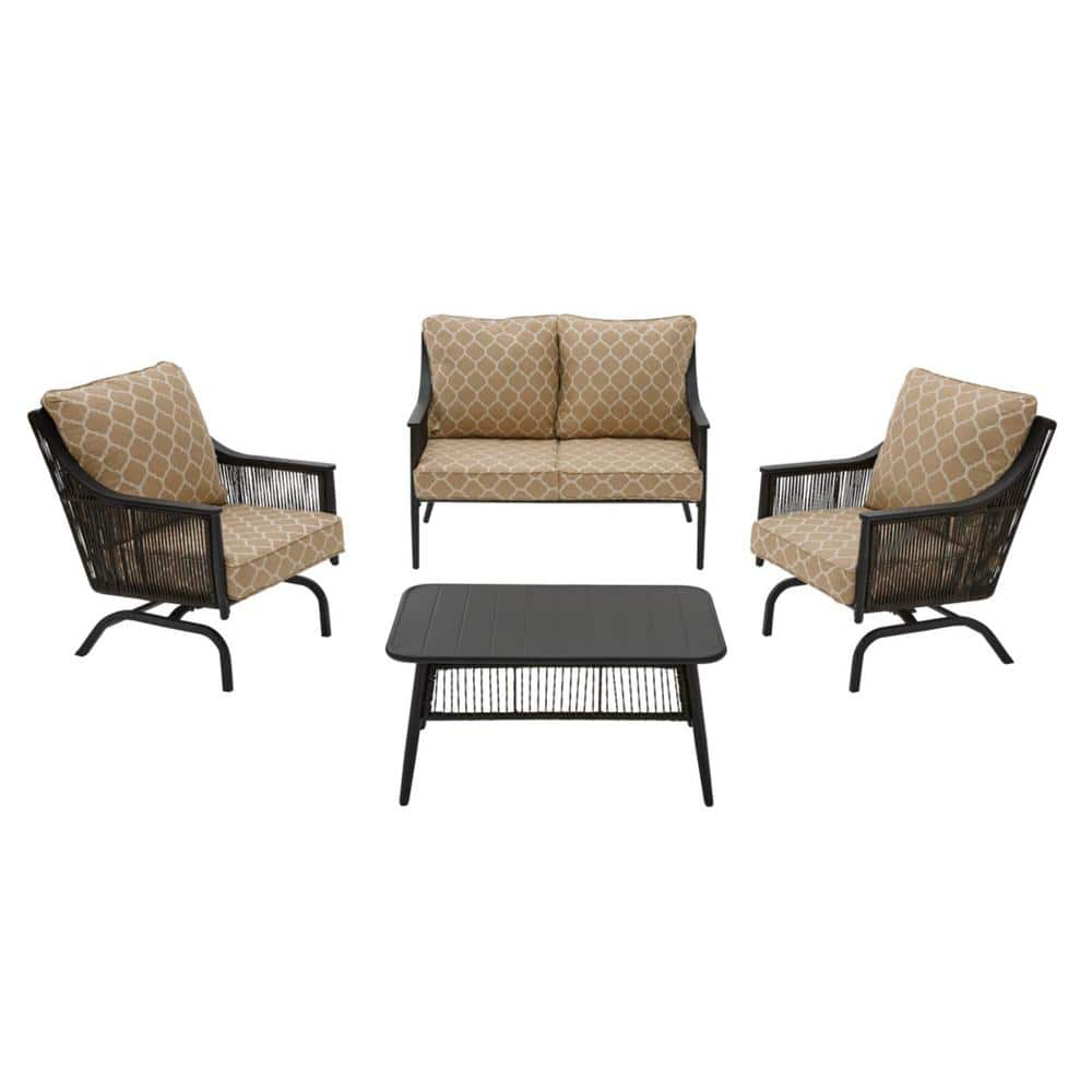 Bayhurst 4-Piece Black Wicker Outdoor Patio Conversation Seating Set with CushionGuard Toffee Trellis Tan Cushions -  Hampton Bay, H009-01524900