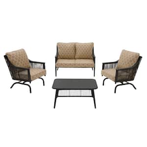 Bayhurst 4-Piece Black Wicker Outdoor Patio Conversation Seating Set with CushionGuard Toffee Trellis Tan Cushions
