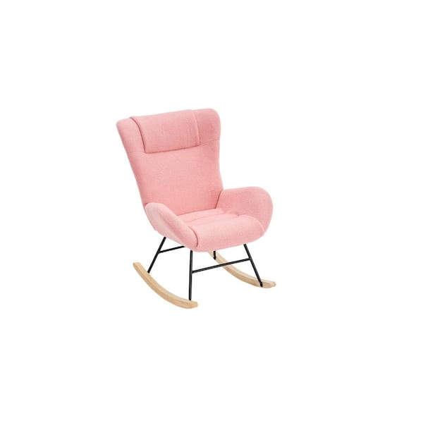 Unbranded Pink Modern Wood Outdoor Rocking Chair with Teddy Fabric Upholstered, Solid Wood Legs