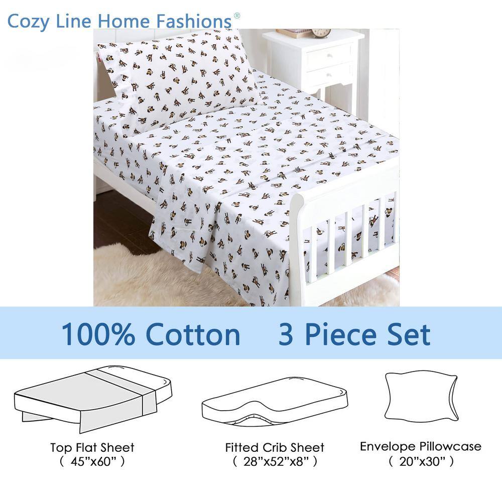 Monkey Print White Cotton Toddler Sheet Set, 3-Piece