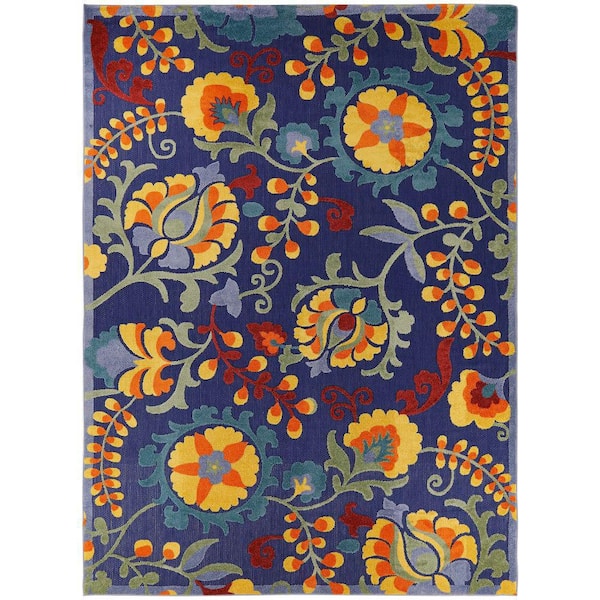 Nourison Aloha Navy Multicolor 9 ft. x 12 ft. Floral Contemporary Indoor/Outdoor Area Rug
