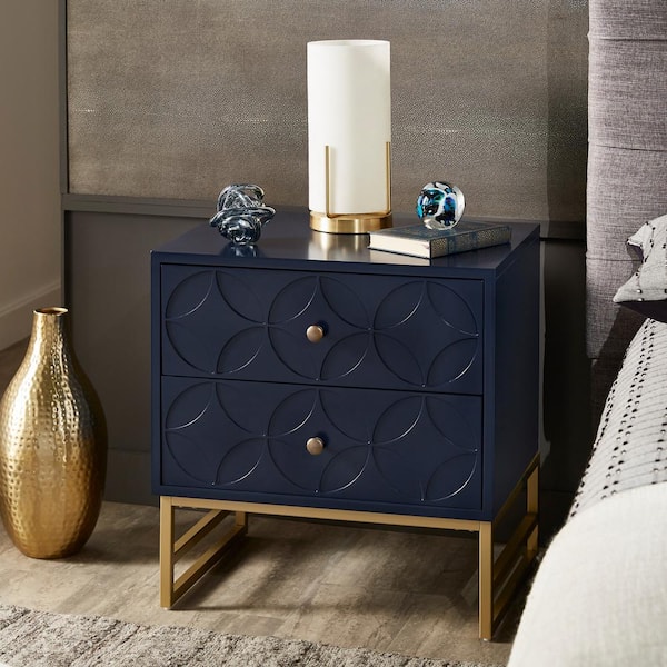 HomeSullivan 2-Drawer Blue Arched Diamond Gold Metal Nightstand (24.49 in. H x 23.5 in. W x 17.76 in. D)