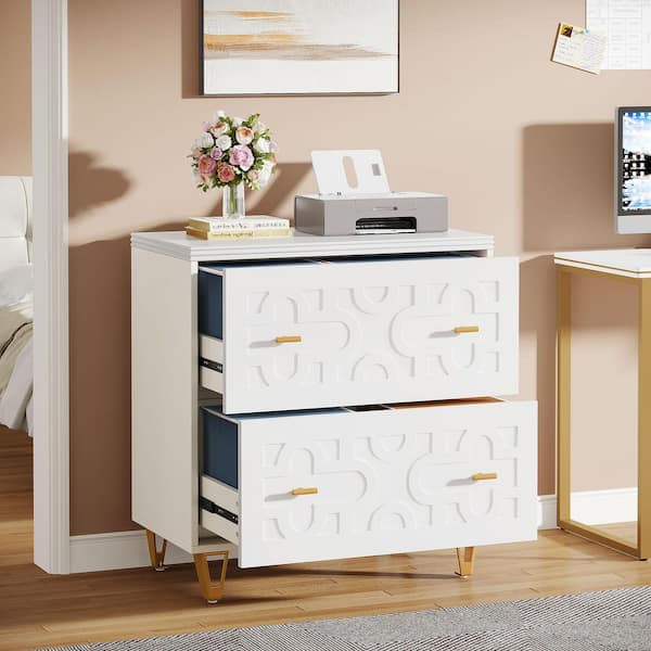 Atencio 2-Drawer White Wood 31 in. W Lateral File Cabinet with Tabs, Office Storage Cabinet for Legal/Letter/A4 Size