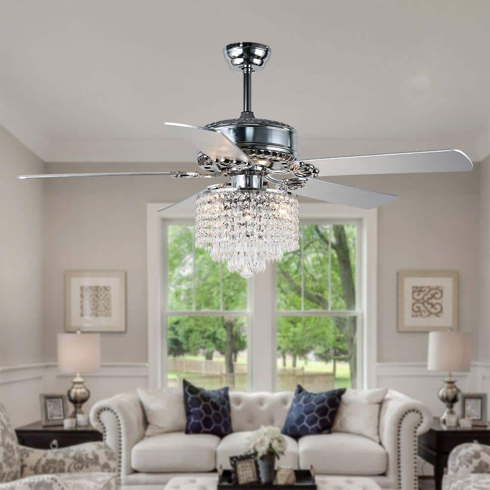 52" Silver Crystal Chandelier Ceiling Fan with Remote and Light Kit