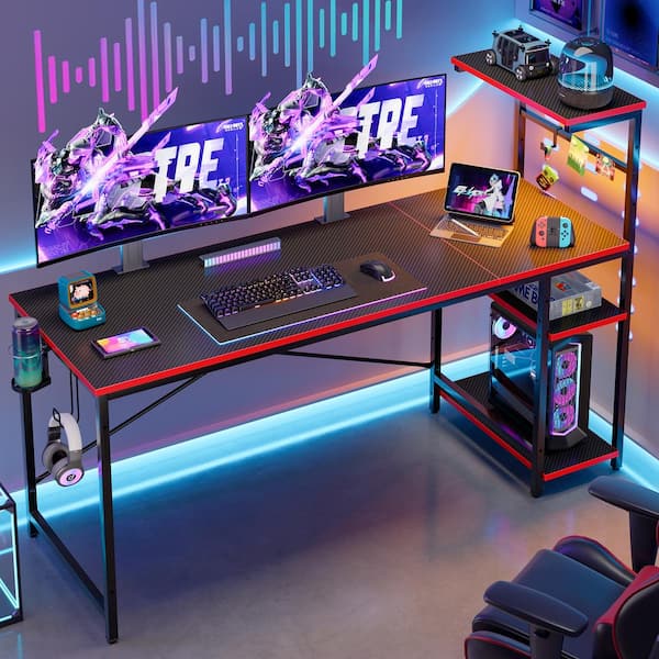 61 in. Rectangular Black Carbon Fiber Gaming Desk with RGB LED Lights Computer Desk with 4 Tier Storage Shelves and Hook
