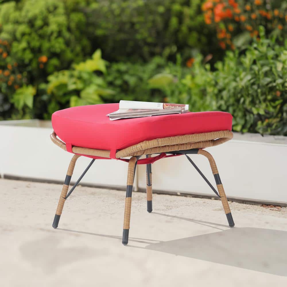 Brown Wicker All Weather Rattan Outdoor Ottoman with Removable Gray Cushion