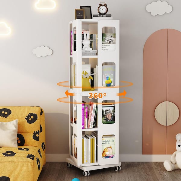 CSC DECOR INC 54.7 in. Tall White Steel 4-Tier Rotating Bookcase with Wheels 360 ° Display Stackable Spinning Corner Bookshelf Tower