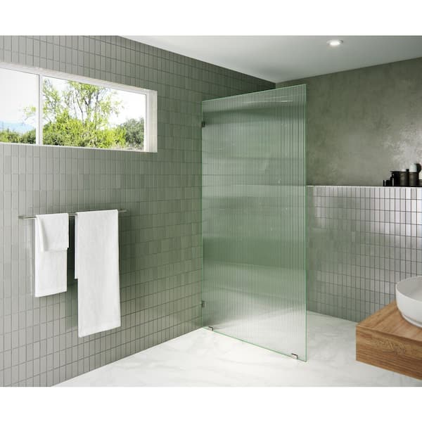 40 in. W x 78 in. H Fixed Single Panel Frameless Shower Door in Polished Nickel with Fluted Frosted Glass