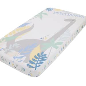 Sleepysaurus Blue, Yellow, Grey and White Dino Leaf 100% Cotton Photo Op Fitted Crib Sheet