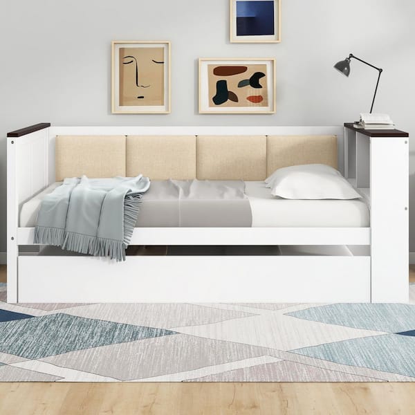 White Twin Daybed with Storage Shelves, Upholstered Backrest and Trundle
