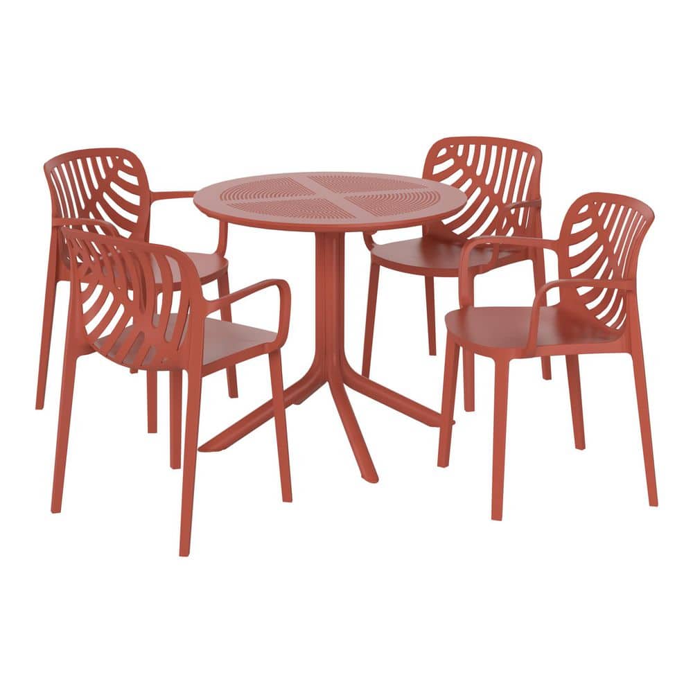 Frond and Form Modern Outdoor Patio Poly Plastic 5-Piece Round Table Dining Set w/ 4-Stackable Chairs in Red