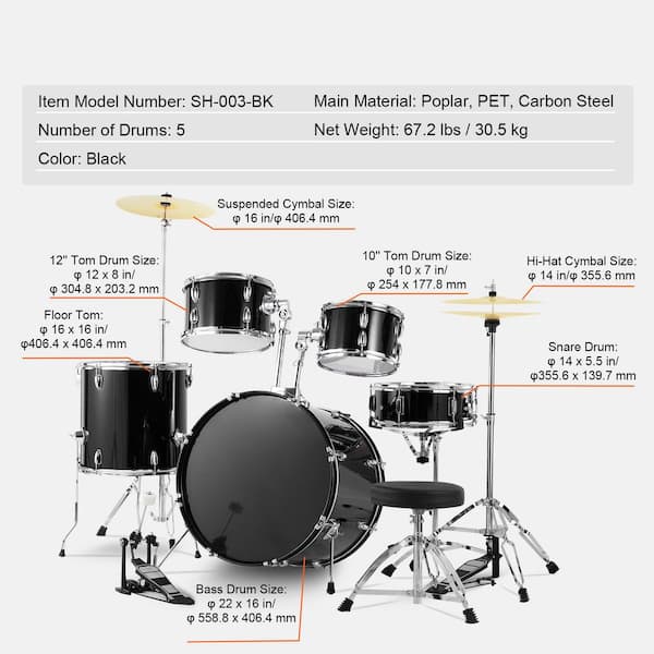 SVOPES 5-Piece Adult Drum Set, 22 in. Full-Size Kit with Bass