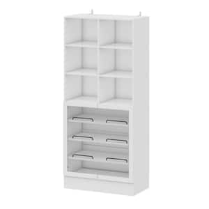 70.4 in. H x 31.5 W. White Wooden Shoe Storage Cabinet 6-Open Shelves, 2-Glass Doors and 3- Tilted Shelves with Stopper