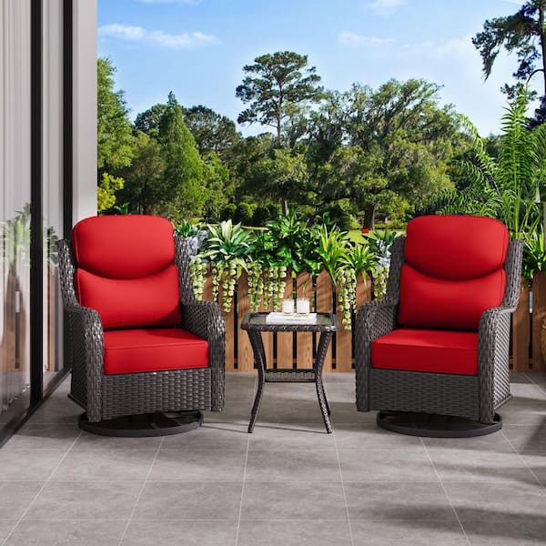 Smiley 3-Piece Brown Wicker Outdoor Rocking Chairs Swivel Chair Set with Thick Red Cushions and Side Table