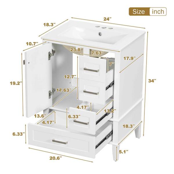 Ziyudura 24 in. Single Sink Freestanding White Bath Vanity with