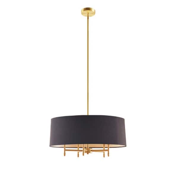 5 Light Brass Drum Chandelier for Living Room with No Bulbs Included, Black Shade and Adjustable Height