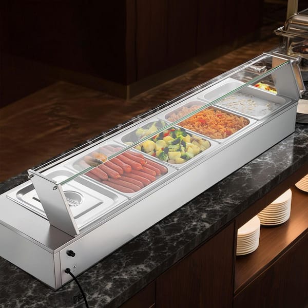 1500W Stainless Steel Bain Marie Food Warmer with Glass Cover and 5 1/2 Size Pans, Commercial Countertop for Catering