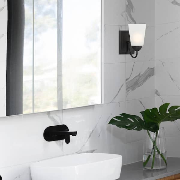 Malone 4.75 in. 1-Light Matte Black Classic Wall Sconce with Frosted Glass Shade