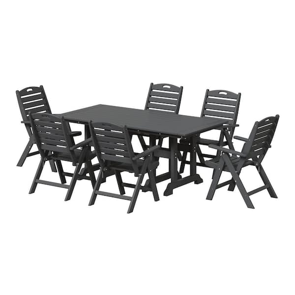 Laguna Outdoor All Weather HDPE Plastic 7-Piece Highback Folding Chairs, Rectangle Table Patio Dining Set, Gray