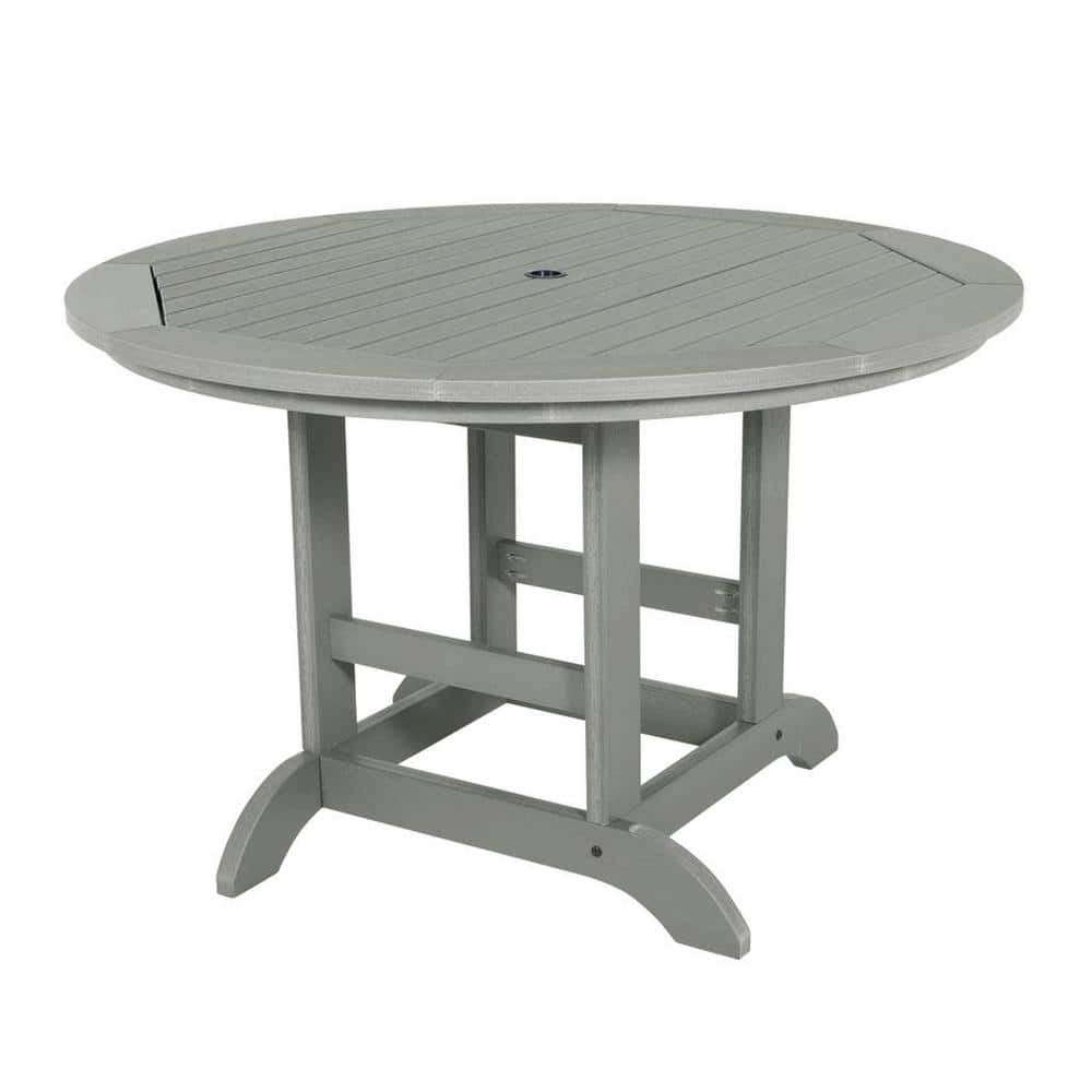 Gray Teak Round Outdoor Dining Table with Stainless Steel Hardware