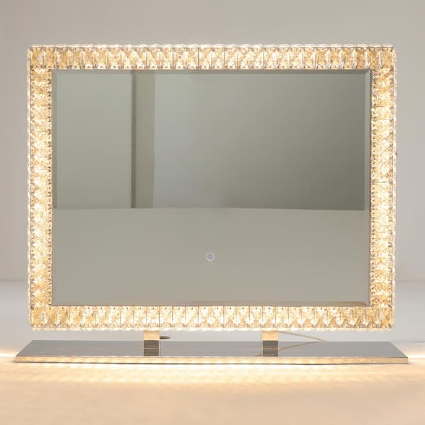 FAMYYT 35 in. W x 28 in. H Rectangular Beveled Edge Dimmable LED Light 198 Crystals Tabletop Bathroom Makeup Mirror